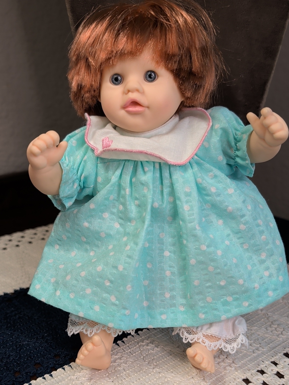 Vintage Dolls By Pauline Baby Doll in Mint Polka Dot Dress Red Hair Blue Eyes
